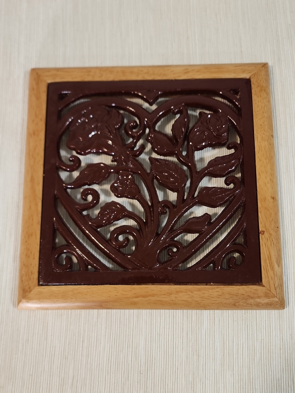 Decorative Wood-Framed Floral Wall Trivet Dark Brown